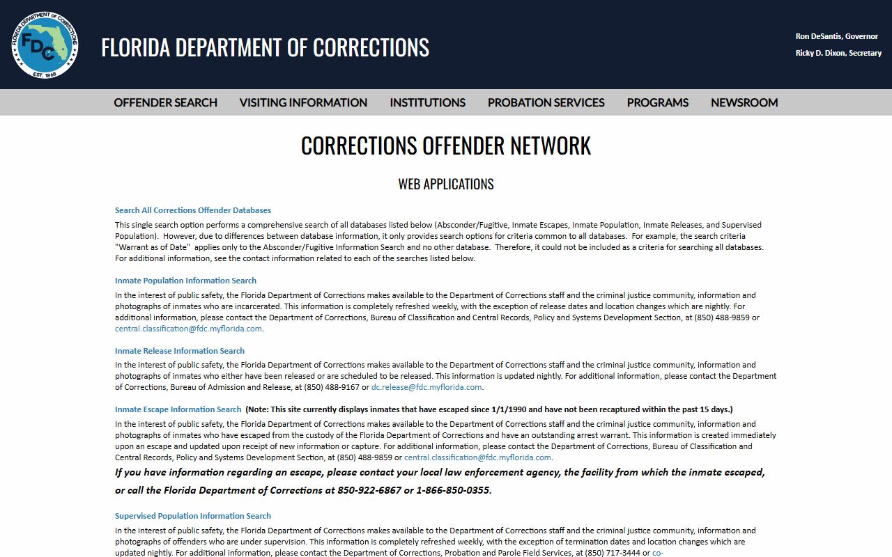 Florida DOC offender search menu used to look up Central Florida Reception Center inmates