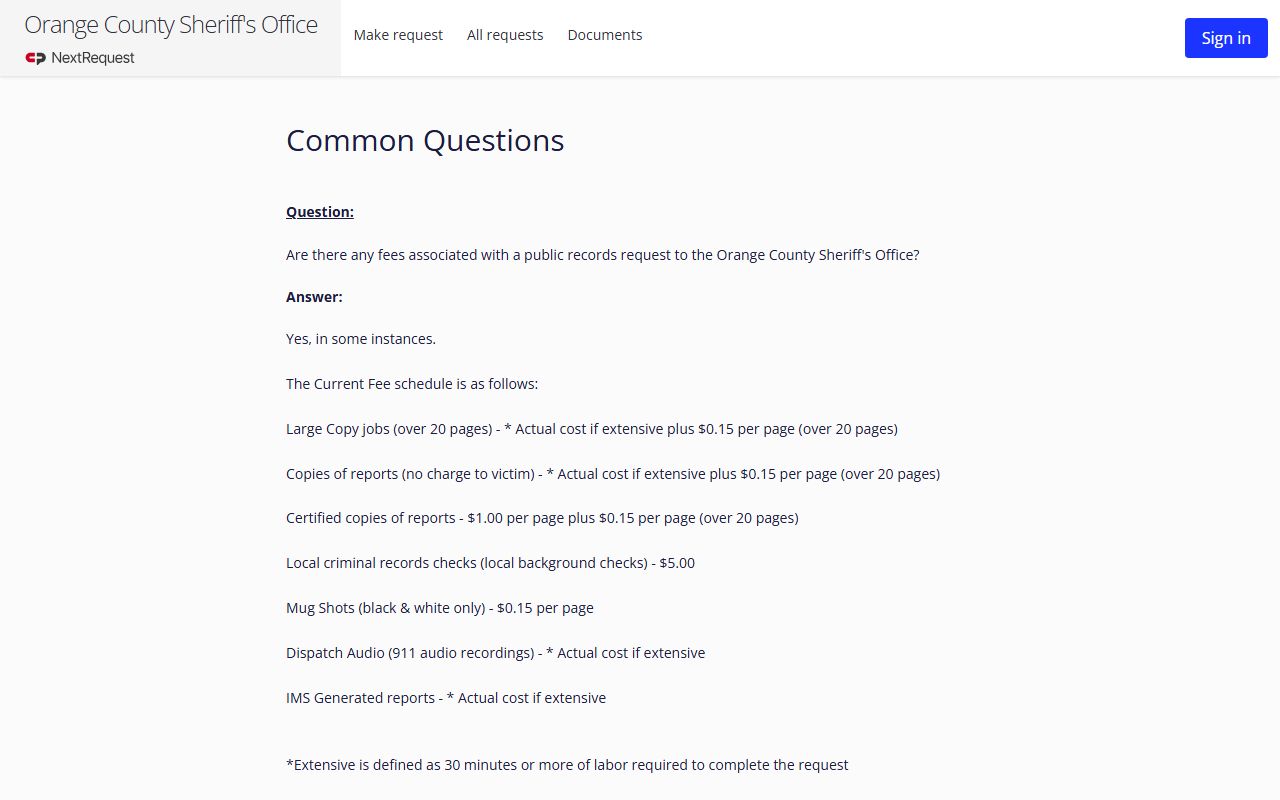 OCSO NextRequest FAQ and fees for Orange County booking photo requests