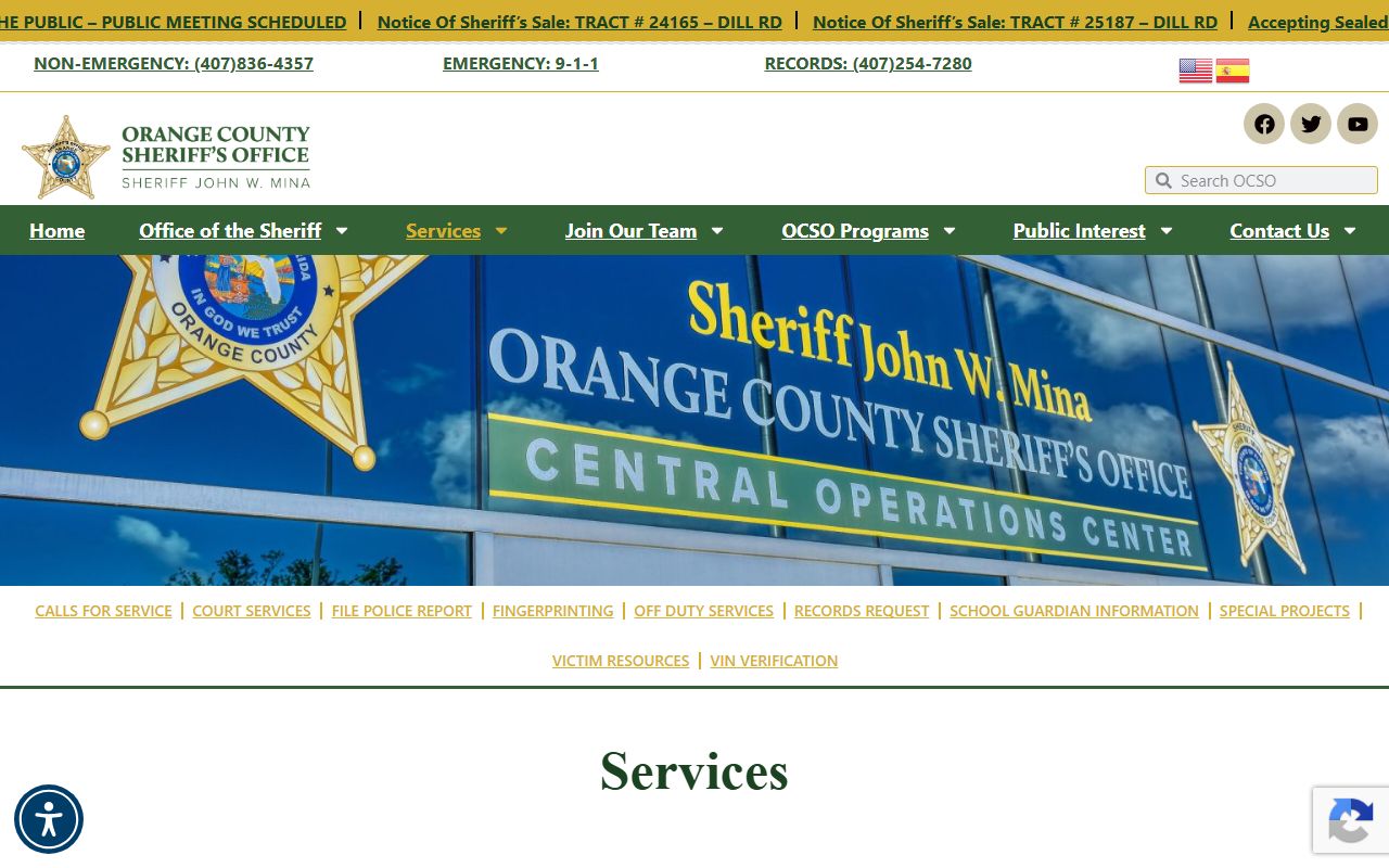 Orange County Sheriff services page for requesting jail mugshots and booking photos