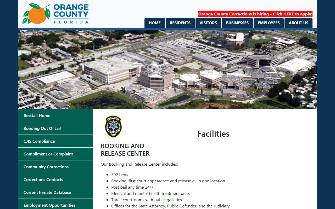 Orange County Corrections facilities page listing the Booking and Release Center beds