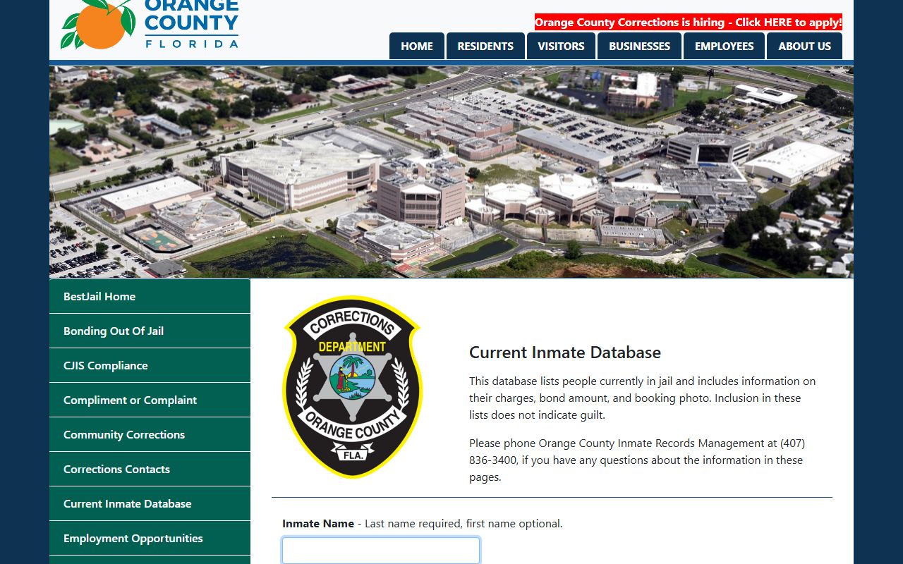Orange County inmate population search on the Current Inmate Database roster