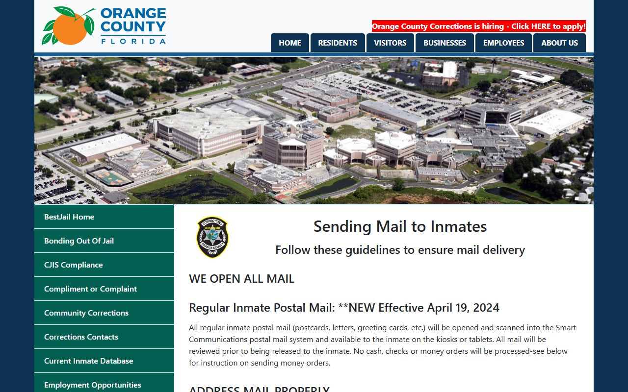 Orange County inmate mail rules page for jail inmate records