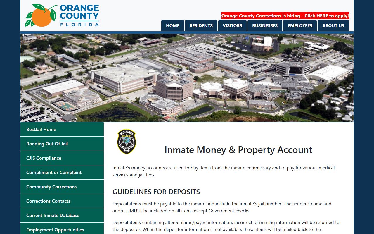 Orange County inmate money and property page for jail inmate records