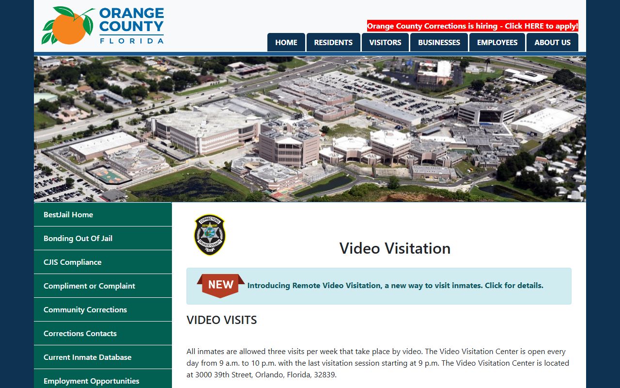 Orange County jail video visitation page for inmate records visits